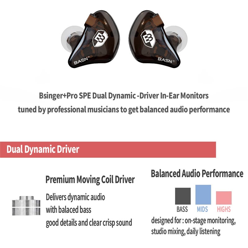 BASN Bsinger in Ear Monitor Headphones for Musician, Dual Dynamic Drivers Noise Isolating Earbuds with MMCX Inline Remote Mic Cable and Silver Plated Audio Cable (SPM-Brown) - Image 2